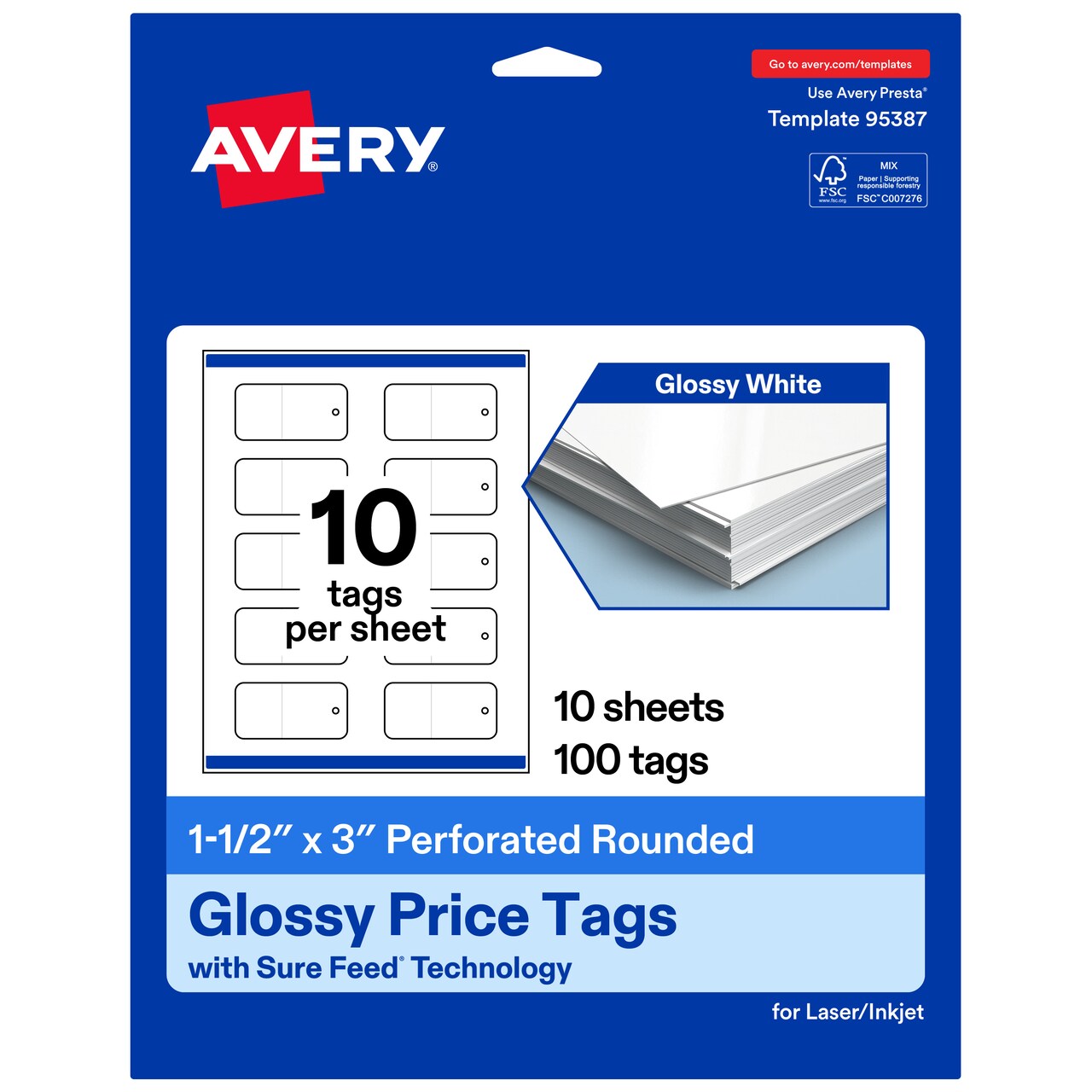Avery Printable Perforated Rounded Rectangle Price Tags, Sure Feed Technology, 1-1/2" x 3", Glossy White Cardstock, Print-to-The-Edge, Laser/Inkjet Printable, 100 Total